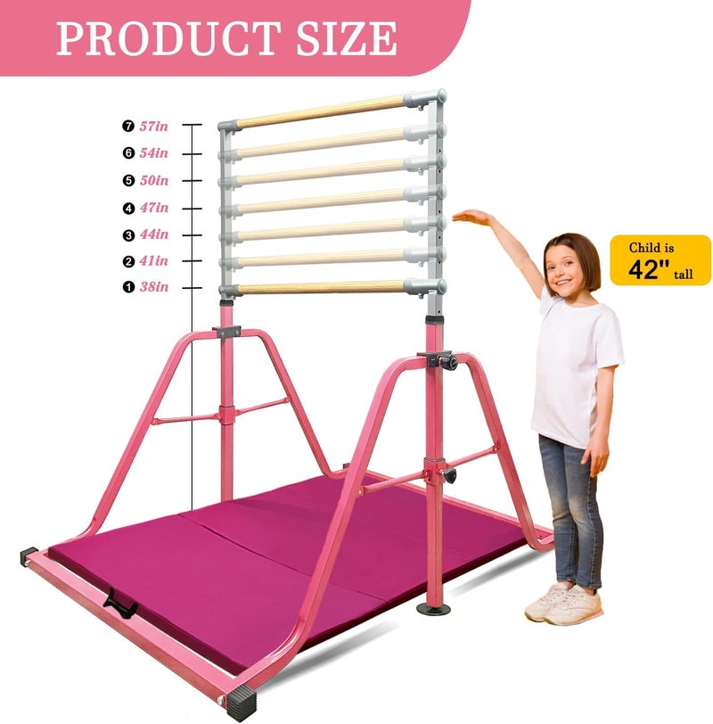 kechery Foldable & Moveable Gymnastics Horizontal Bar with Rings,3’to 5’Adjustable Height Expandable Junior Kip Bar for Home,Indoor Gym Equipment for Kids - Image 5